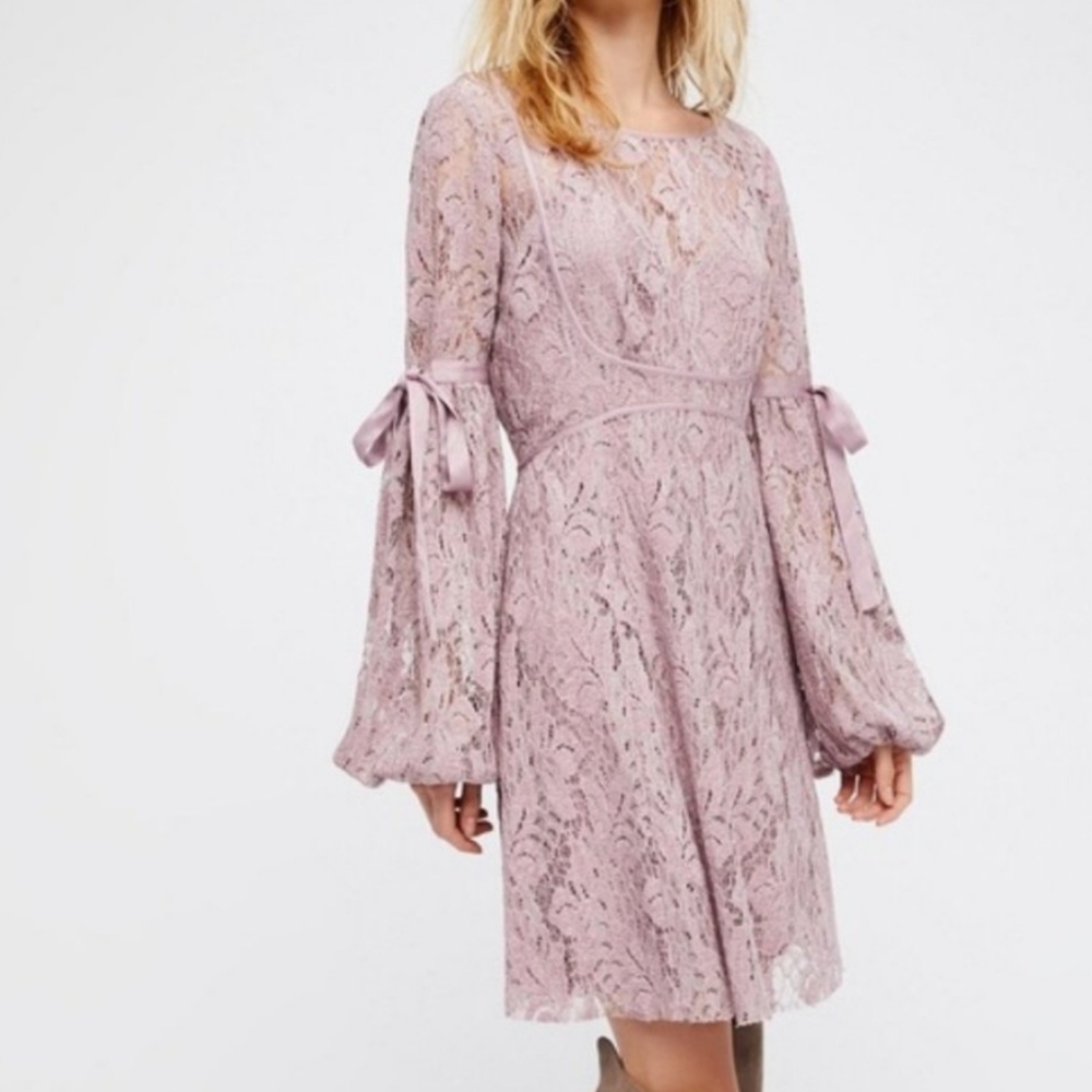 Free People Ruby Crochet Lace Mini Long Sleeve Dress in Soft Purple - Small